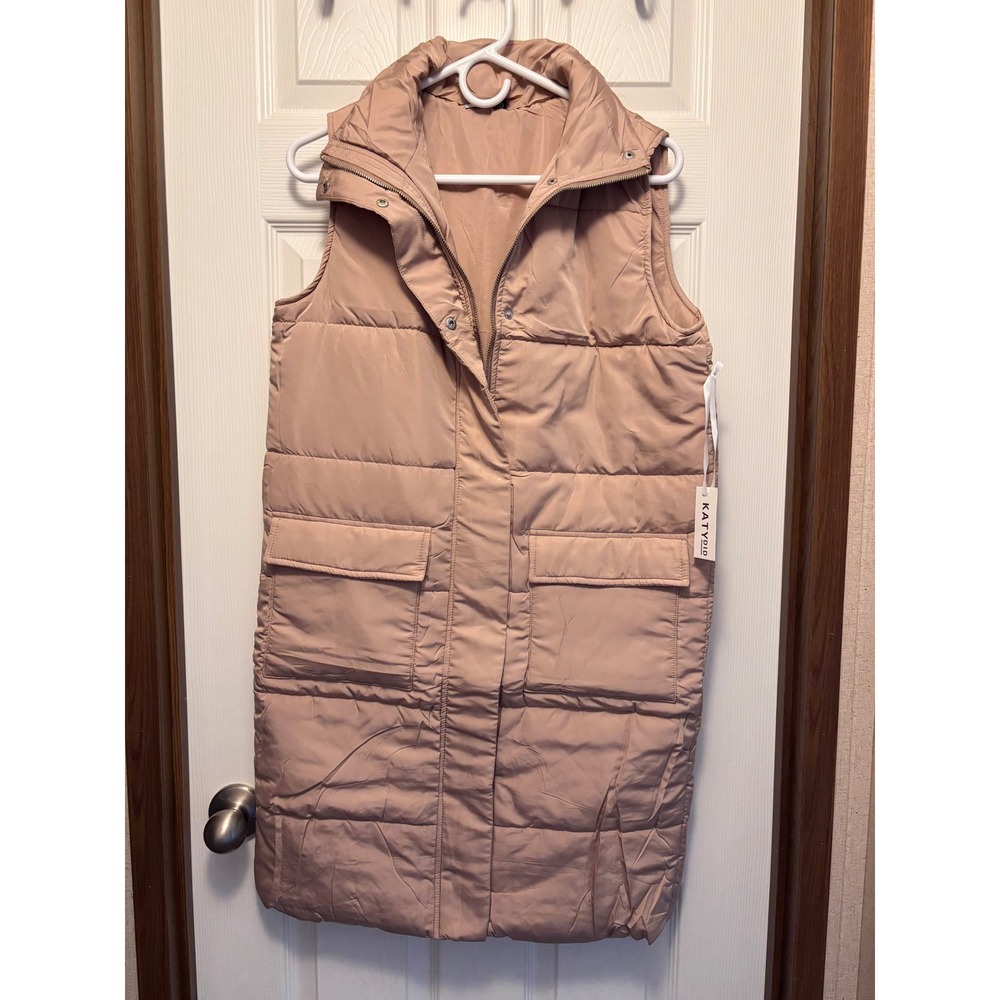 Katydid Womens Long Puffer Vest Tan Sleeveless Quilted Jacket Small NWT KDC-VSTL